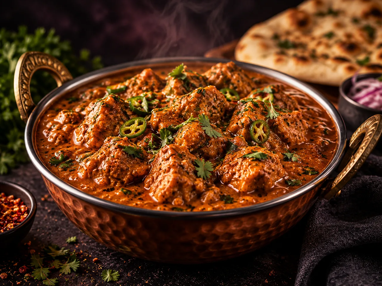 A curry in a copper serving bowl with naan