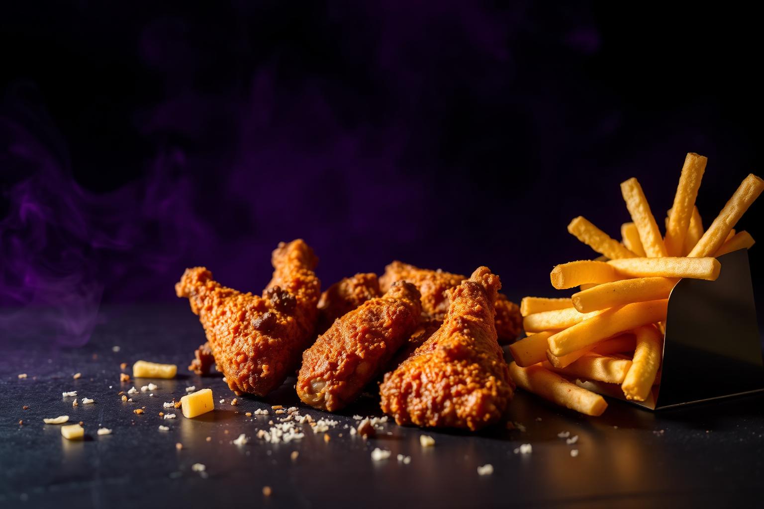Crispy fried chicken wings and loaded fries under moody purple light